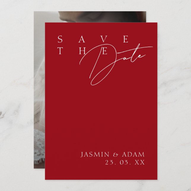 Simple Crimson Red White Modern Photo Bröllop Spara Datumet (Fram/baksida)