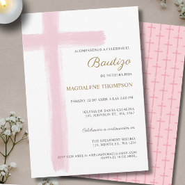 Simple Cross Girl Pink Baptism Bautizo Inbjudningar