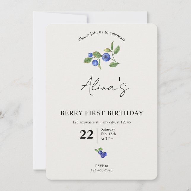 Simple Custom Berry first birthday fruit birthday  Inbjudningar (Framsida)