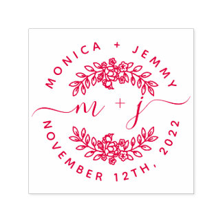 Simple Custom Leaves Initials Script Round Wedding Självfärgande Stämpel