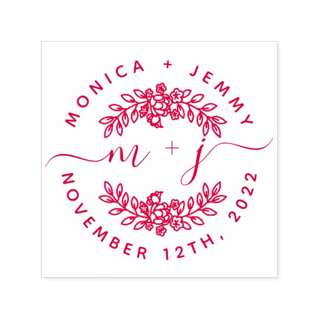 Simple Custom Leaves Initials Script Round Wedding Självfärgande Stämpel (Design)