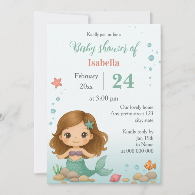 Simple cute little mermaid baby shower invitation inbjudningar (Framsida)
