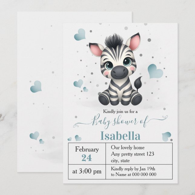 Simple cute little zebra baby shower inbjudningar (Fram/baksida)