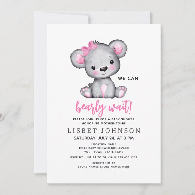 Simple Cute We Can Bearly Wait Pink Baby Shower Inbjudningar (Framsida)