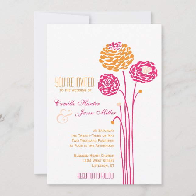 Simple Dahlia - Rosa och Orange Bröllop Inbjudningar (Framsida)