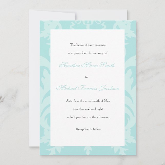 Simple Damask Robin's Egg Blue Wedding bjudande Inbjudningar (Framsida)