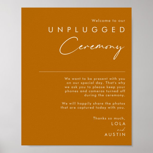 Simple Desert Burnt Orange Unplugged Ceremony Sign Poster (Framsidan)