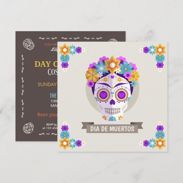 Simple Dia de los Muertos Blommigt Skullinbjudan Inbjudningar (Fram/baksida)