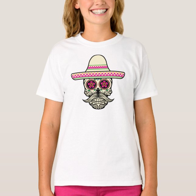 Simple Dia de Muertos Skull med Hat Crew Shirt T Shirt (Framsida)