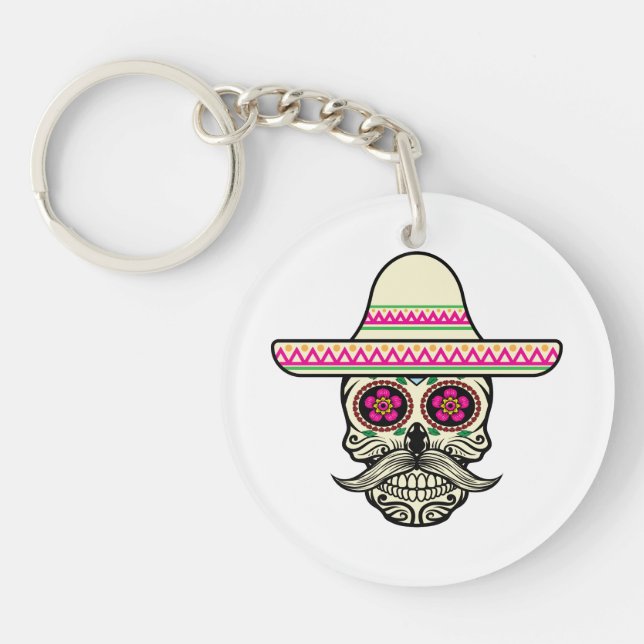 Simple Dia de Muertos Skull med Hat | Nyckelkedja (Framsidan)