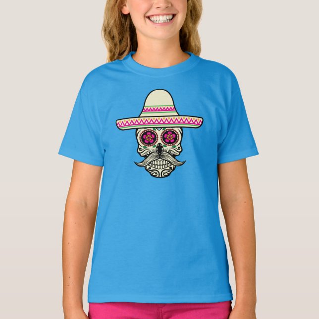 Simple Dia de Muertos Skull med Hat Ringer Shirt T Shirt (Framsida)