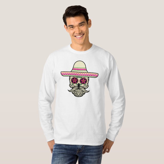 Simple Dia de Muertos Skull med Hat Sleeve Shirt T Shirt (Hel framsida)