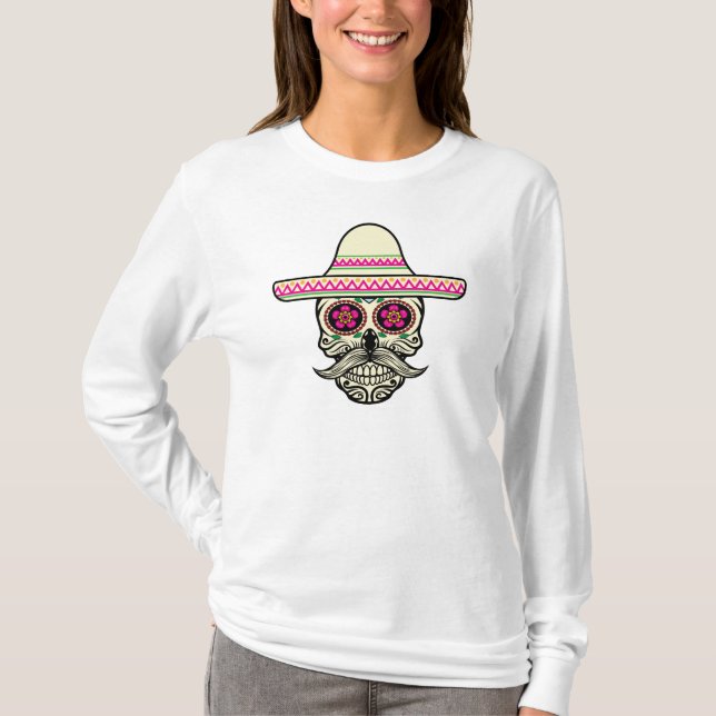 Simple Dia de Muertos Skull med Hat Sleeve Shirt T Shirt (Framsida)