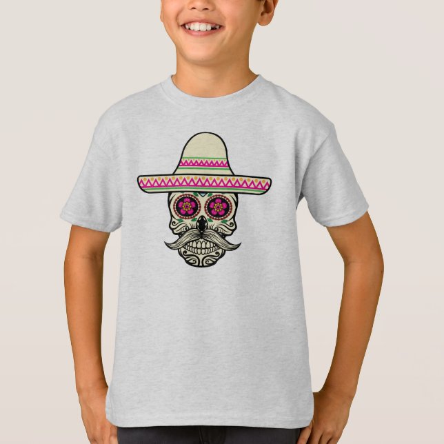 Simple Dia de Muertos Skull med Hat Sleeve Shirt T Shirt (Framsida)