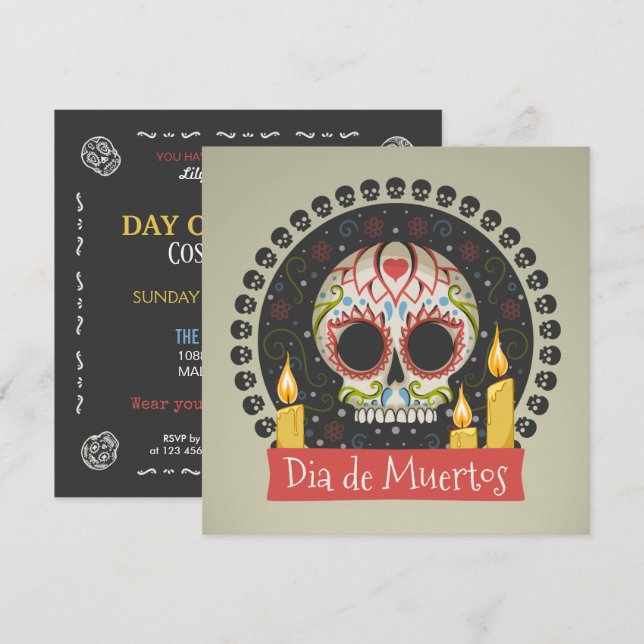 Simple Dia de Muertos Skull- och ljus-inbjudan Inbjudningar (Fram/baksida)