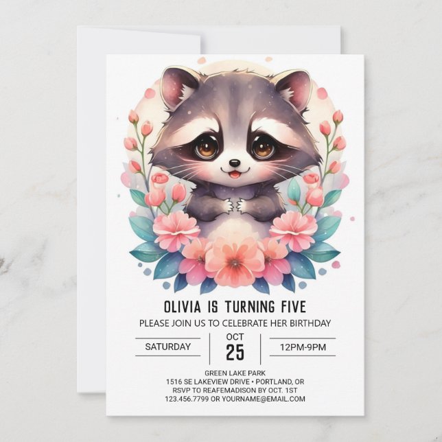 Simple Digital Raccoon Girl Birthday Inbjudningar (Framsida)