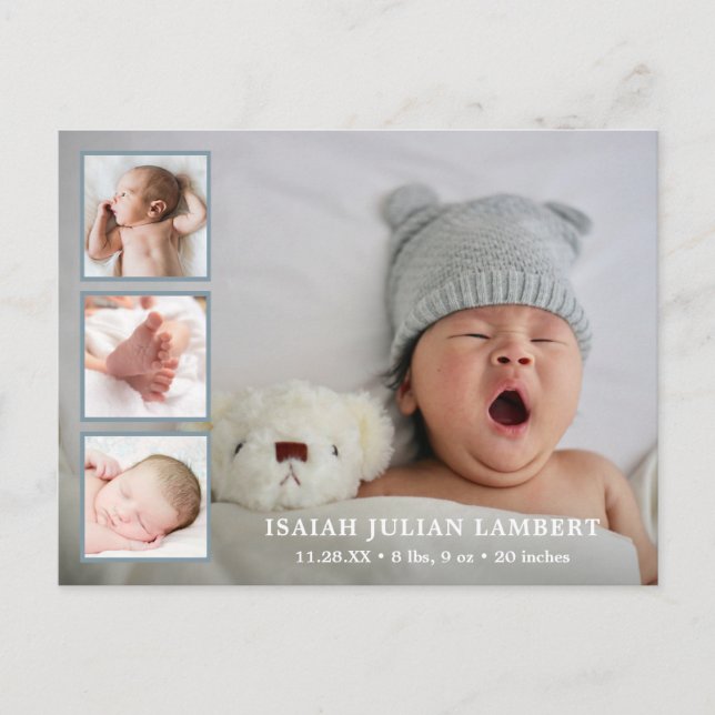 Simple Dusty Blue Boy Photo Collage Modern Birth Meddelande Vykort (Framsida)