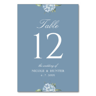 Simple Dusty Blue Hydrangea Wedding Table Number Bordsnummer
