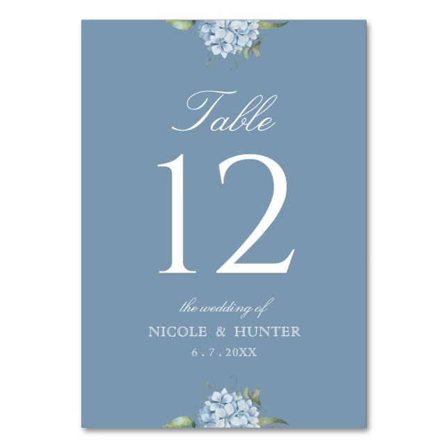 Simple Dusty Blue Hydrangea Wedding Table Number Bordsnummer (Framsidan)