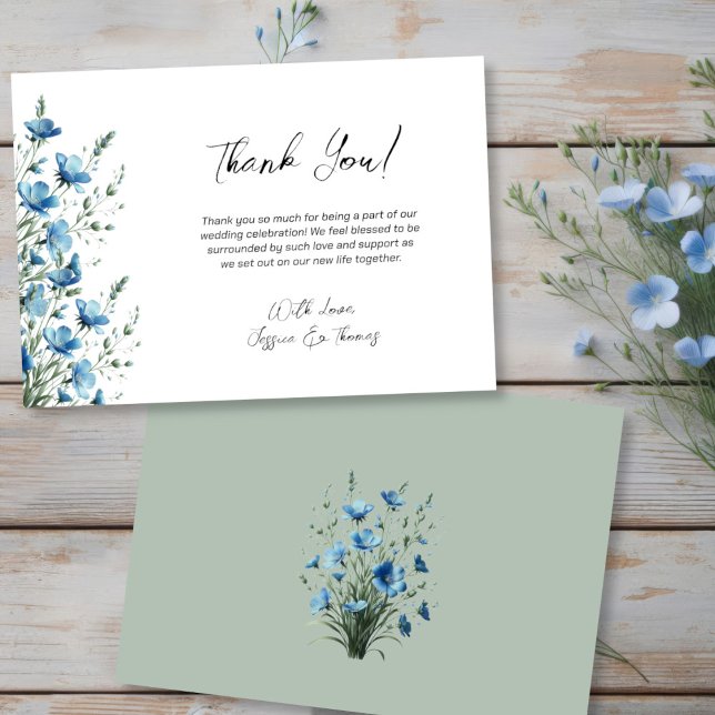 Simple Dusty Blue & Sage Boho Wildflowers Wedding Tack Kort (Front/Back)