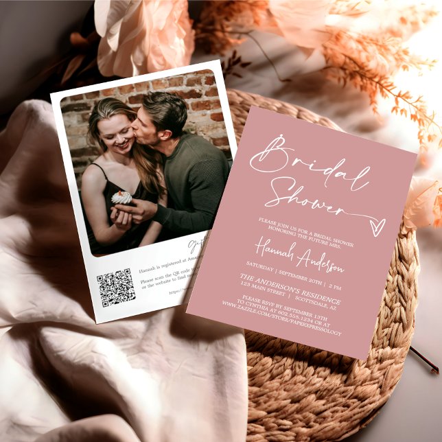 Simple Dusty Rosa Boho Möhippa QR-kodfoto Inbjudningar (Skapare uppladdad)