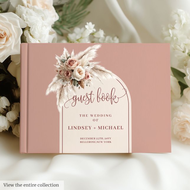 Simple Dusty Rosa Pampas Ro Boho Arch Bröllop Gästböcker (Simple Dusty Pink Pampas Roses Boho Arch Wedding Guest Book)