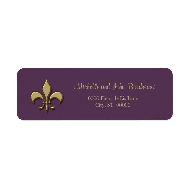 Simple Elegance Guld Lila Fleur de Lis Returadress Etikett (Framsidan)