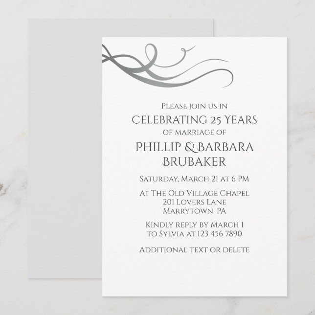 Simple Elegant 25th Wedding Anniversary Party  Inbjudningar (Fram/baksida)