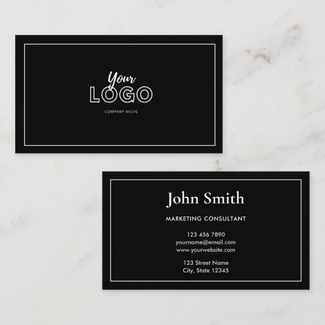 Simple Elegant Black and White with Logo Visitkort (Fram/baksida)