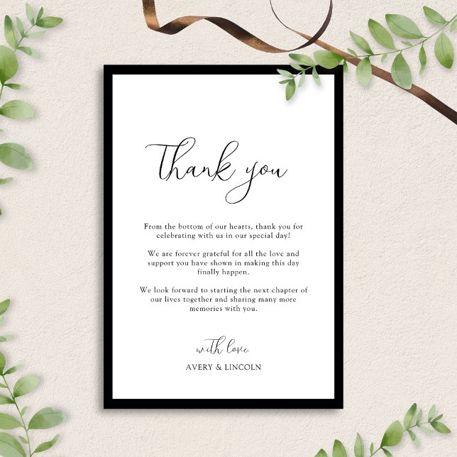 Simple Elegant Black & White Border Script Wedding Tack Kort (Skapare uppladdad)