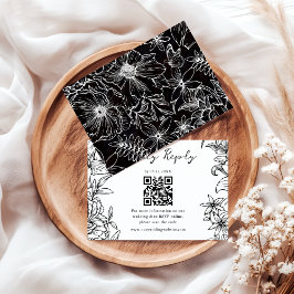 Simple Elegant Black White Floral QR Code Wedding OSA Kort