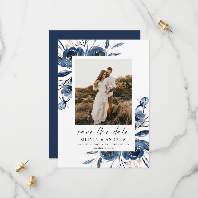 Simple Elegant Blue Floral Script & Photo Wedding  Spara Datumet (Fram/Back In Situ)