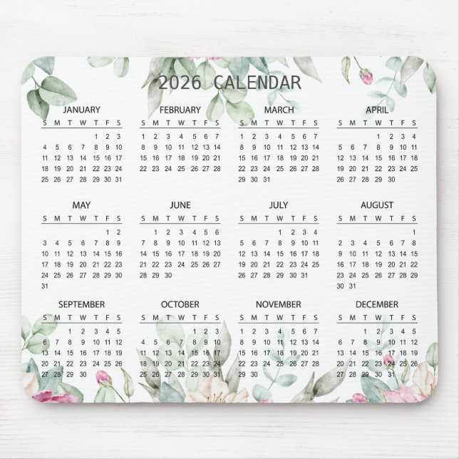 Simple Elegant Botanical 2026 Calendar | Mousepad Musmatta (Framsidan)