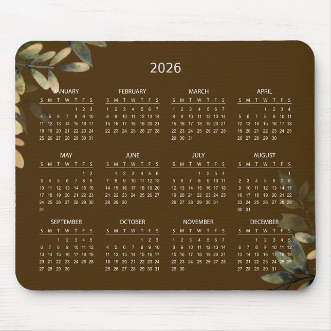 Simple Elegant Botanical 2026 Calendar | Mousepad Musmatta (Framsidan)
