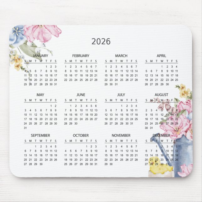 Simple Elegant Botanical 2026 Calendar | Mousepad Musmatta (Framsidan)