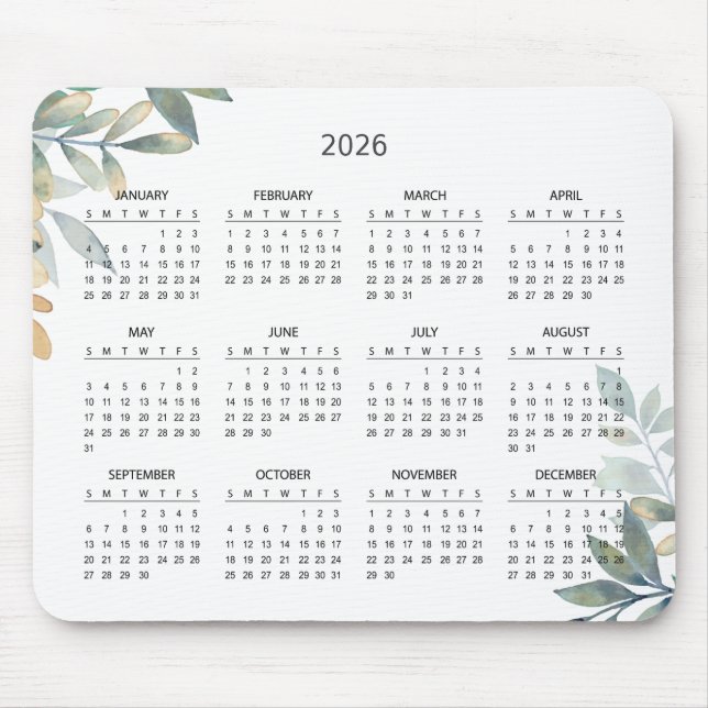 Simple Elegant Botanical 2026 Calendar | Mousepad Musmatta (Framsidan)