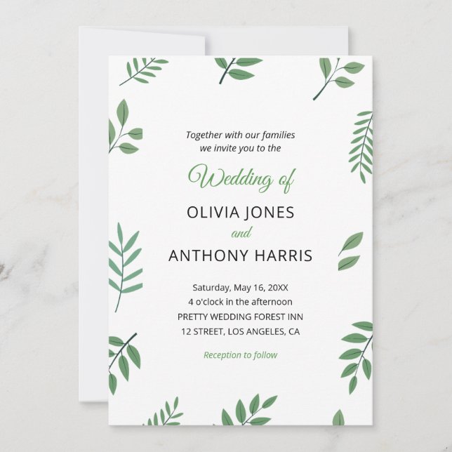 Simple Elegant Botanical Greenery Leaves Wedding  Inbjudningar (Framsida)