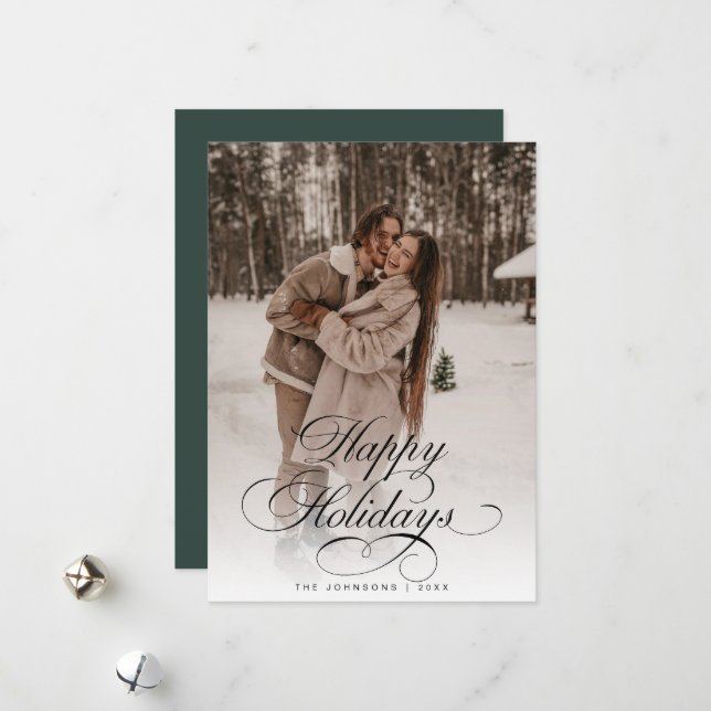 Simple Elegant Calligraphy Green Christmas Photo Julkort (Fram/Back In Situ)