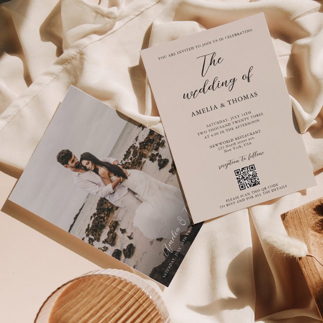 Simple Elegant Cream Script Photo QR Code Bröllop Inbjudningar (Skapare uppladdad)