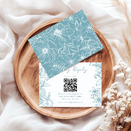 Simple Elegant Dusty Blue Floral QR Code Wedding OSA Kort