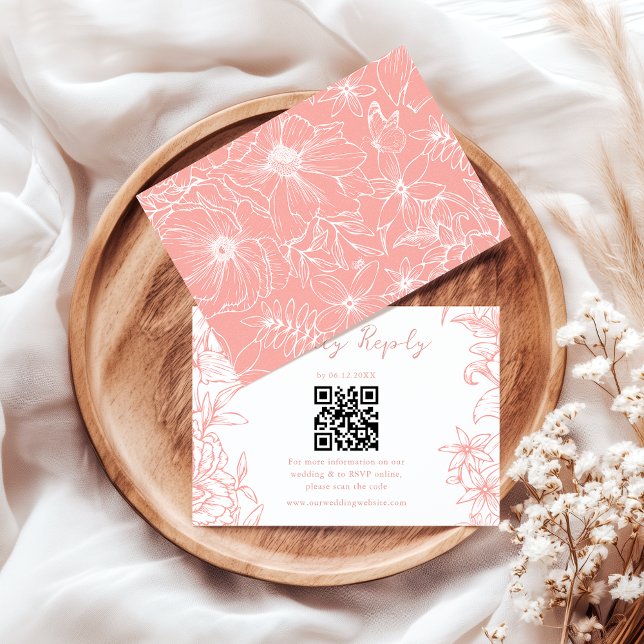 Simple Elegant Dusty Pink Floral QR Code Wedding OSA Kort (Skapare uppladdad)