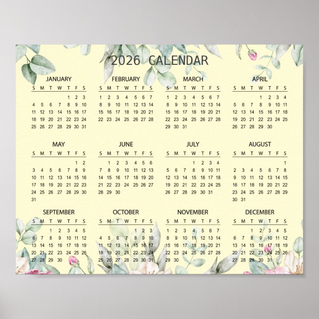 Simple Elegant Floral Botanical 2026 Calendar |  Poster (Framsidan)