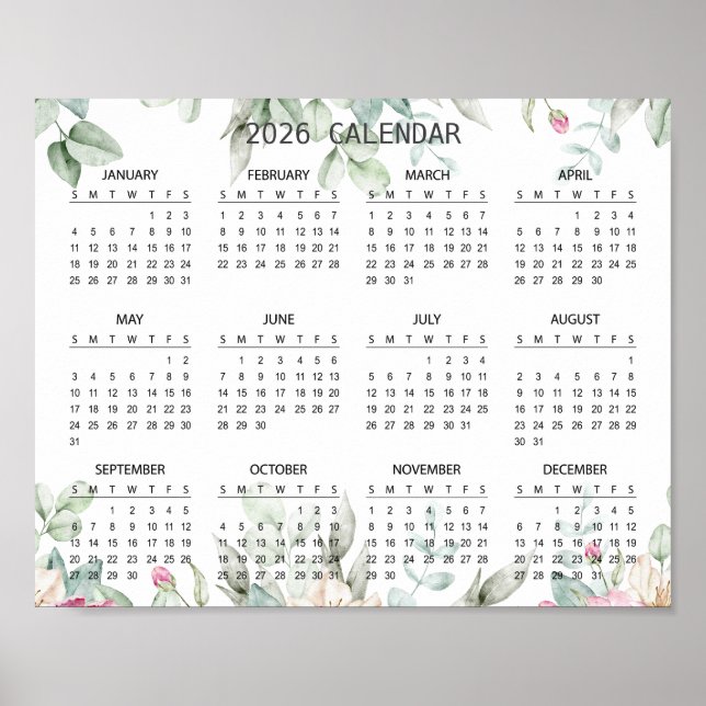 Simple Elegant Floral Botanical 2026 Calendar |  Poster (Framsidan)