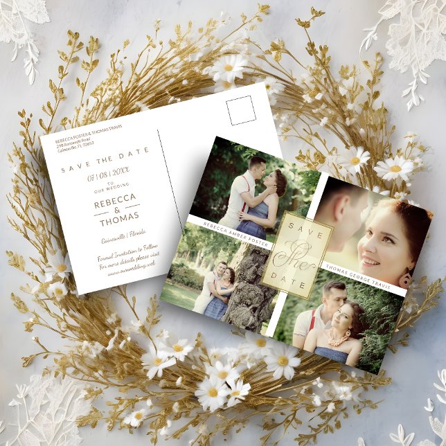 Simple Elegant Four Photos Couple in Love Meddelande Vykort (Simple Elegant Four Photos Couple in Love Save the Date Card.)