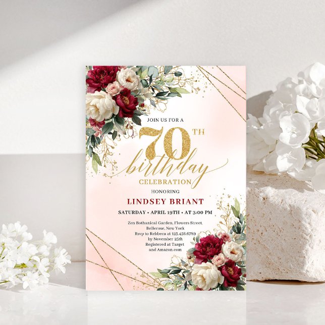 Simple Elegant Gold Floral 70th Birthday Invites Inbjudningar (Simple Elegant Gold Floral 70th Birthday Invitation)