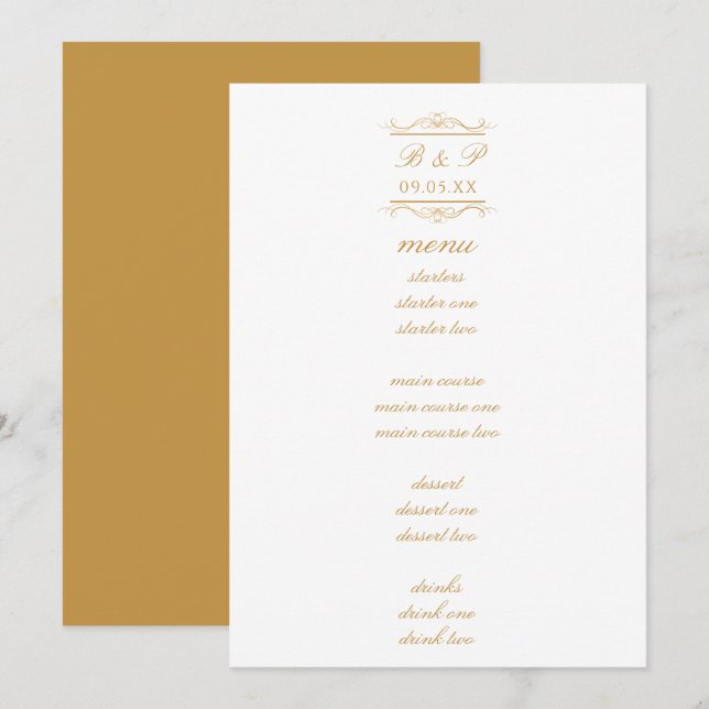 Simple Elegant Gold Monogram Wedding Menu Card (Fram/baksida)