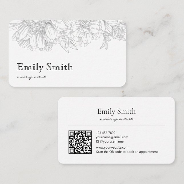 Simple Elegant Gray Floral Line Art QRCode Visitkort (Fram/baksida)