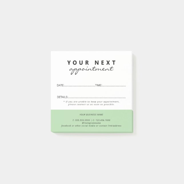 Simple Elegant Green White Salon Appointment Post-it Block (Framsida)