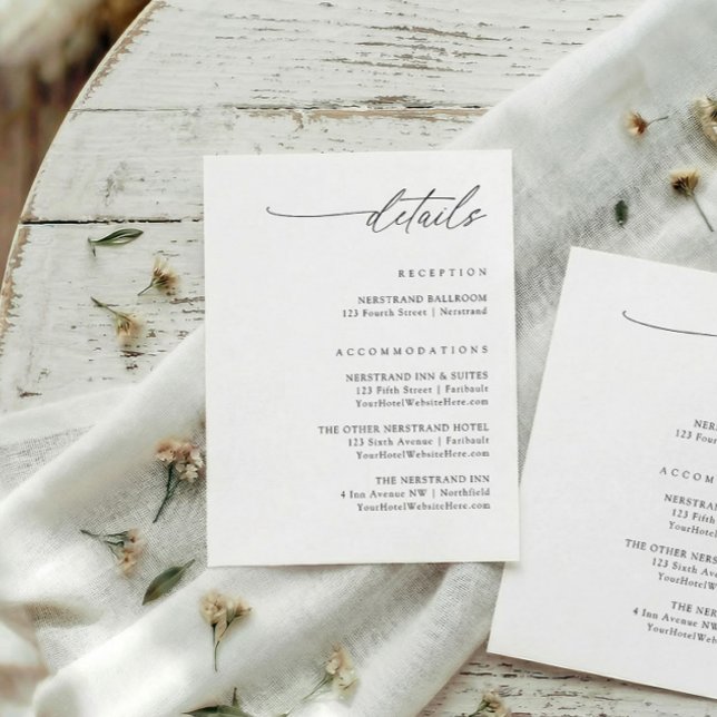 Simple Elegant Handwriting Wedding Details Tilläggskort (modern wedding details card minimalist elegant script reception and hotel accommodations info)