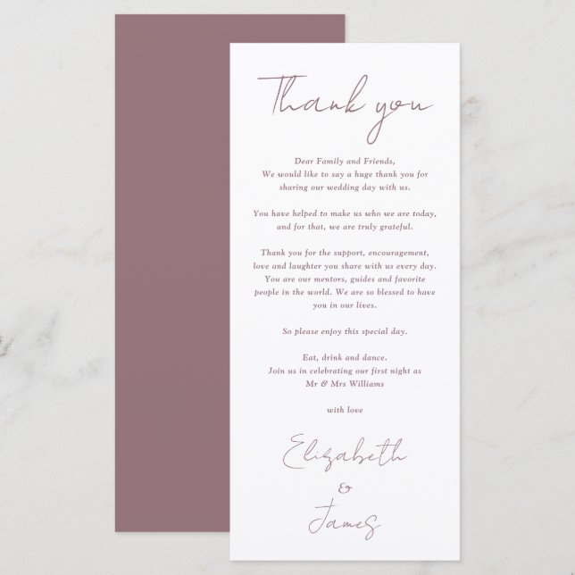 Simple Elegant Mauve Bröllop Tack Place Card Meny (Fram/baksida)